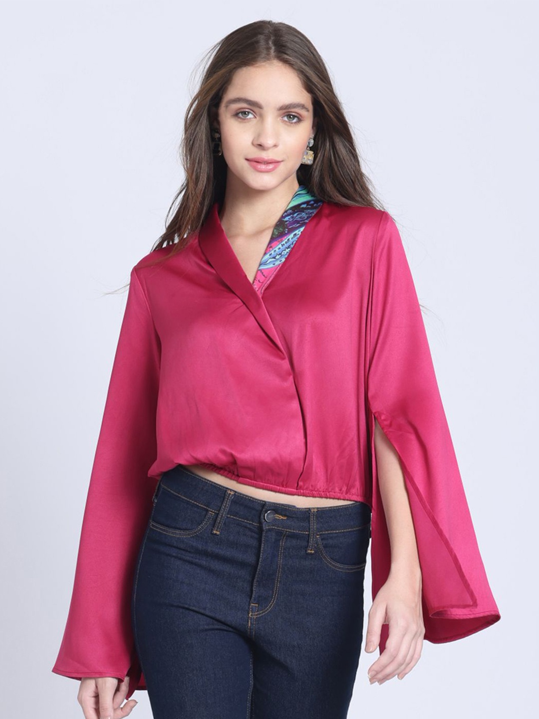 

SHAYE Cape Sleeve Satin Wrap Crop Top, Pink