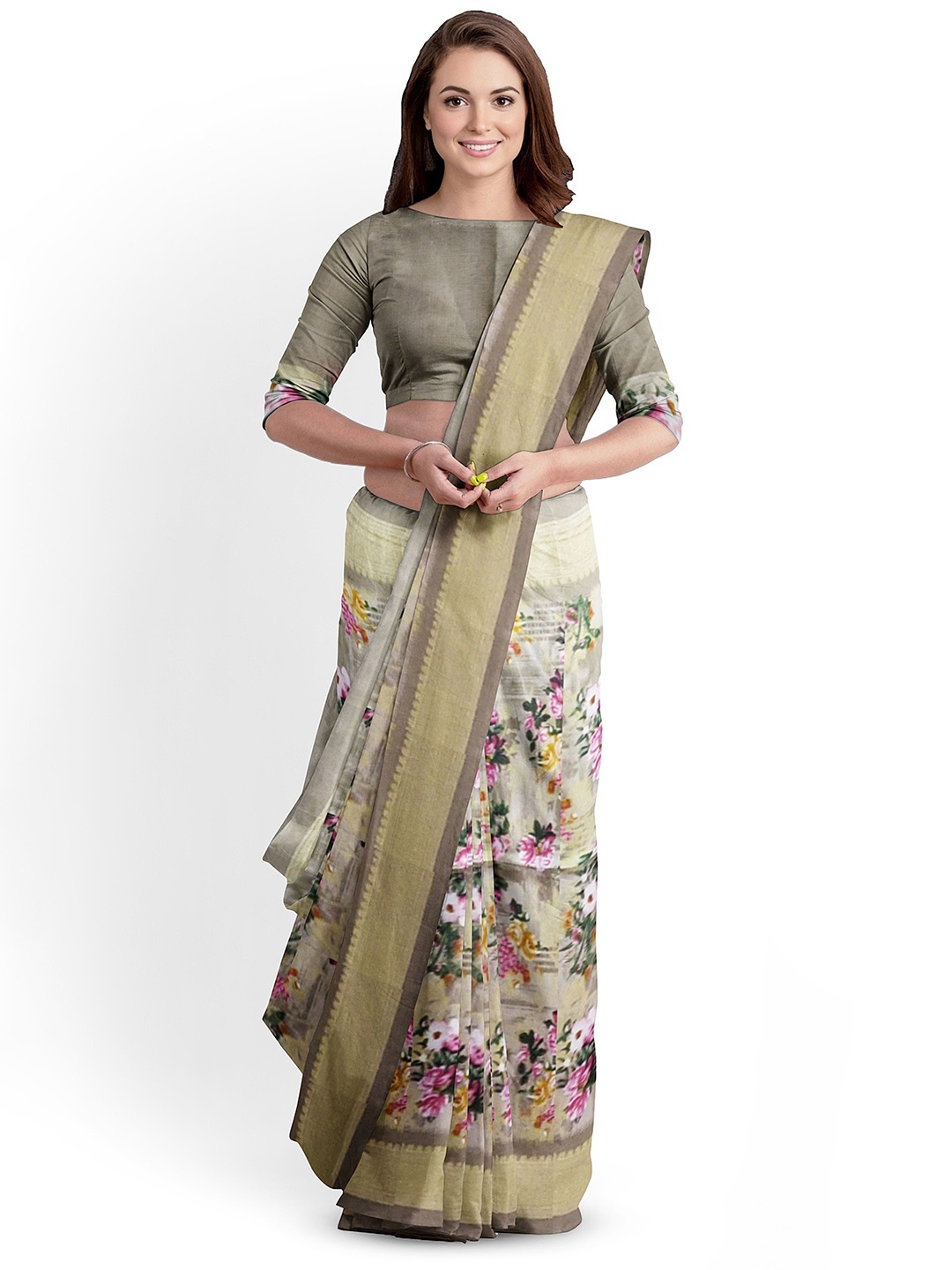 

RUNAYA NX Floral Zari Saree, Khaki