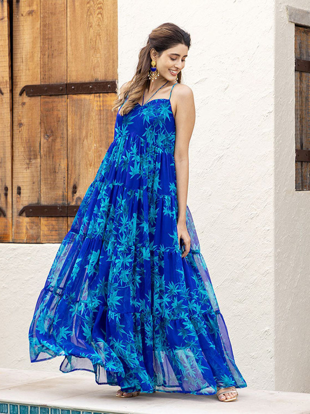 

VAANI CREATION Printed Georgette Empire Maxi Dress, Blue