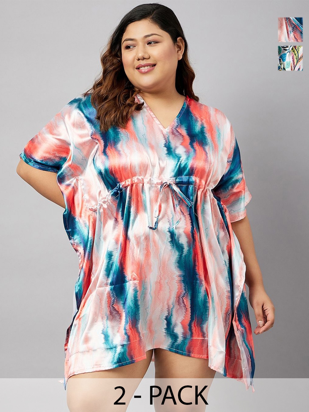 

Curves By ZeroKaata Plus Size Pack Of 2 Printed Satin Kaftan NightDress, Assorted