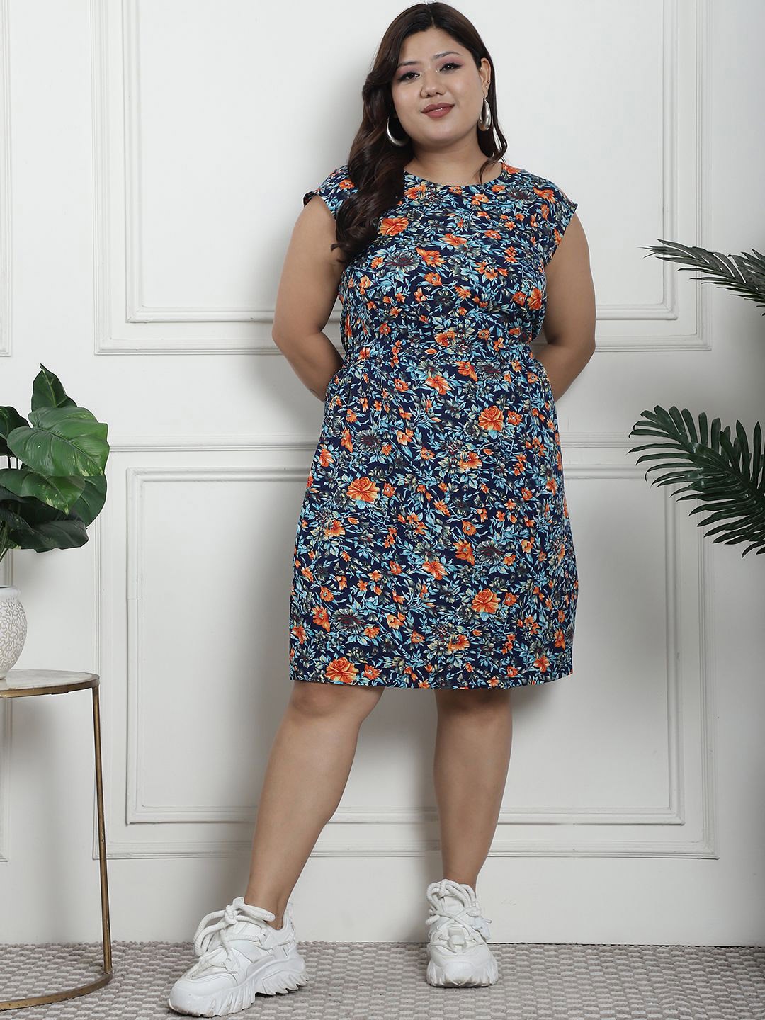 

thkgrlz Plus Size Floral Printed Flutter Sleeve A-Line Dress, Navy blue