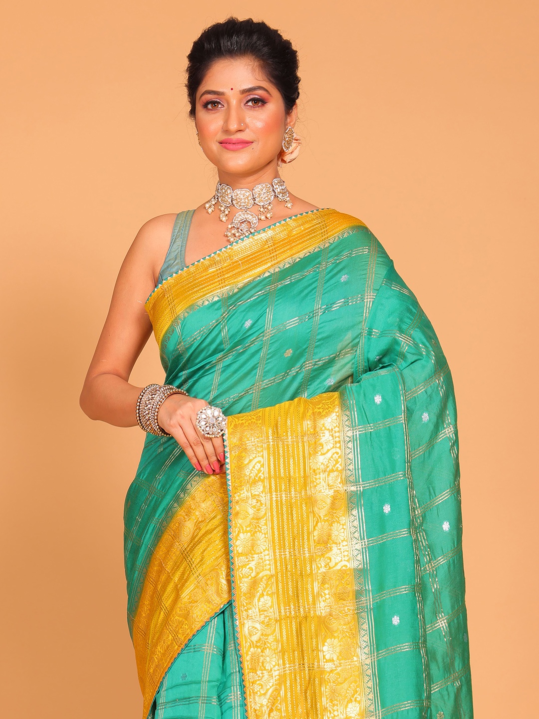 

Morchari Checked Zari Pure Silk Saree, Green