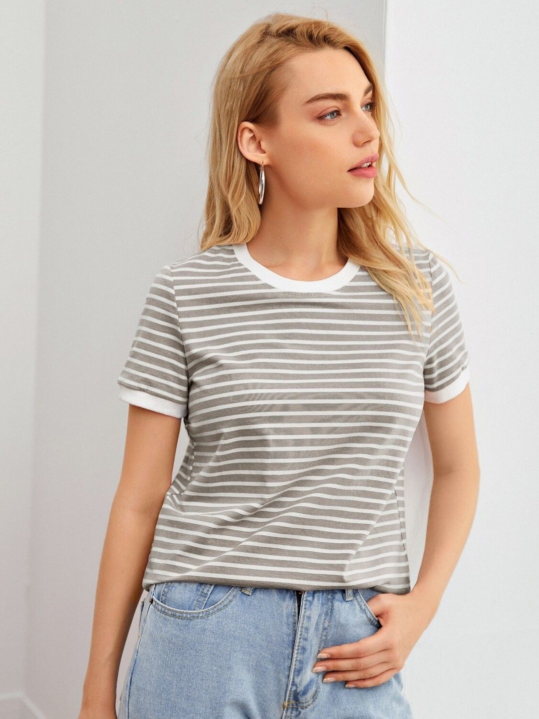 

TAGDO Women Striped Round Neck T-Shirt, Grey