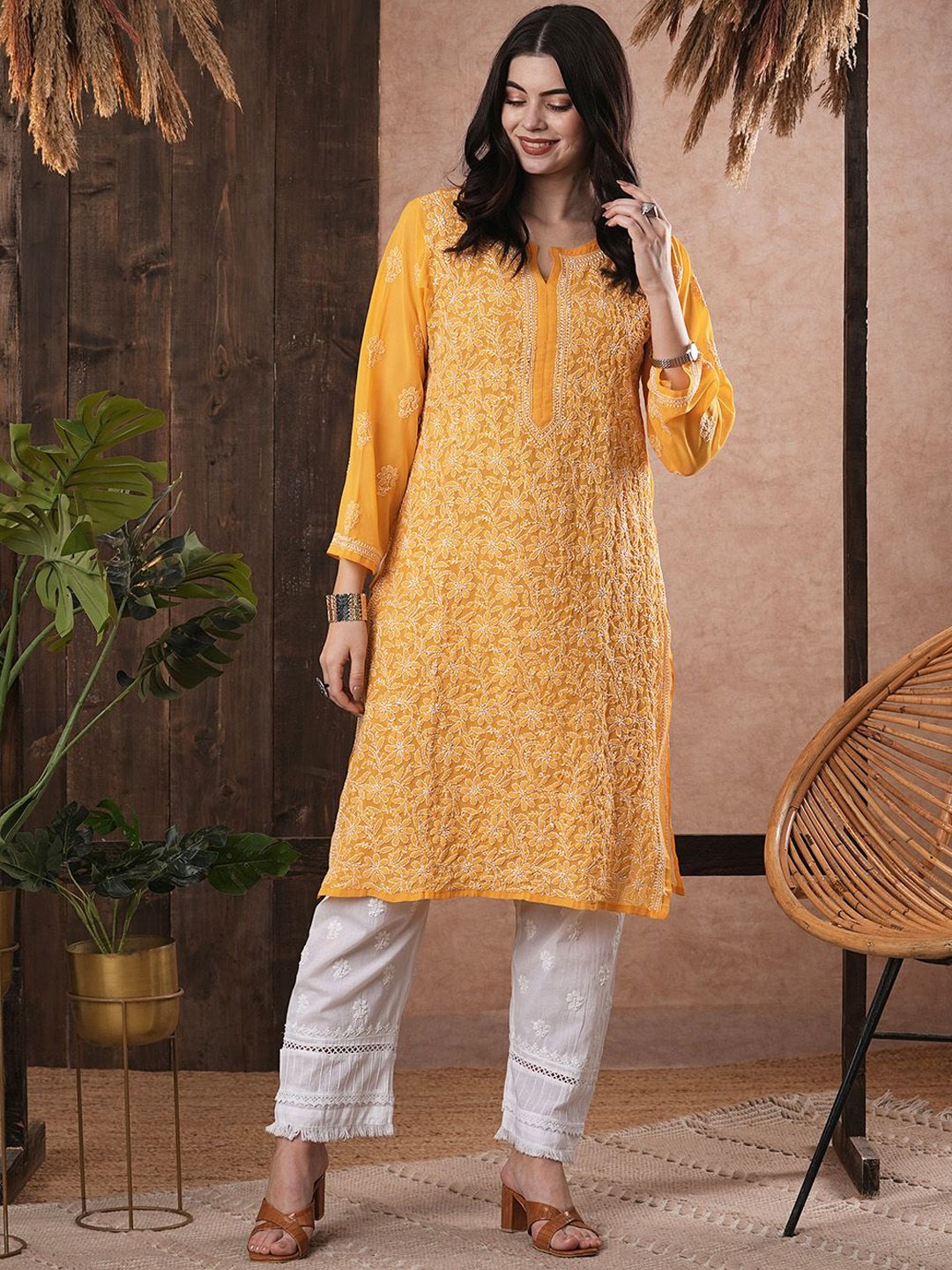 

ADA Floral Embroidered Notch Neck Lucknowi Chikankari Georgette Straight Kurta, Mustard