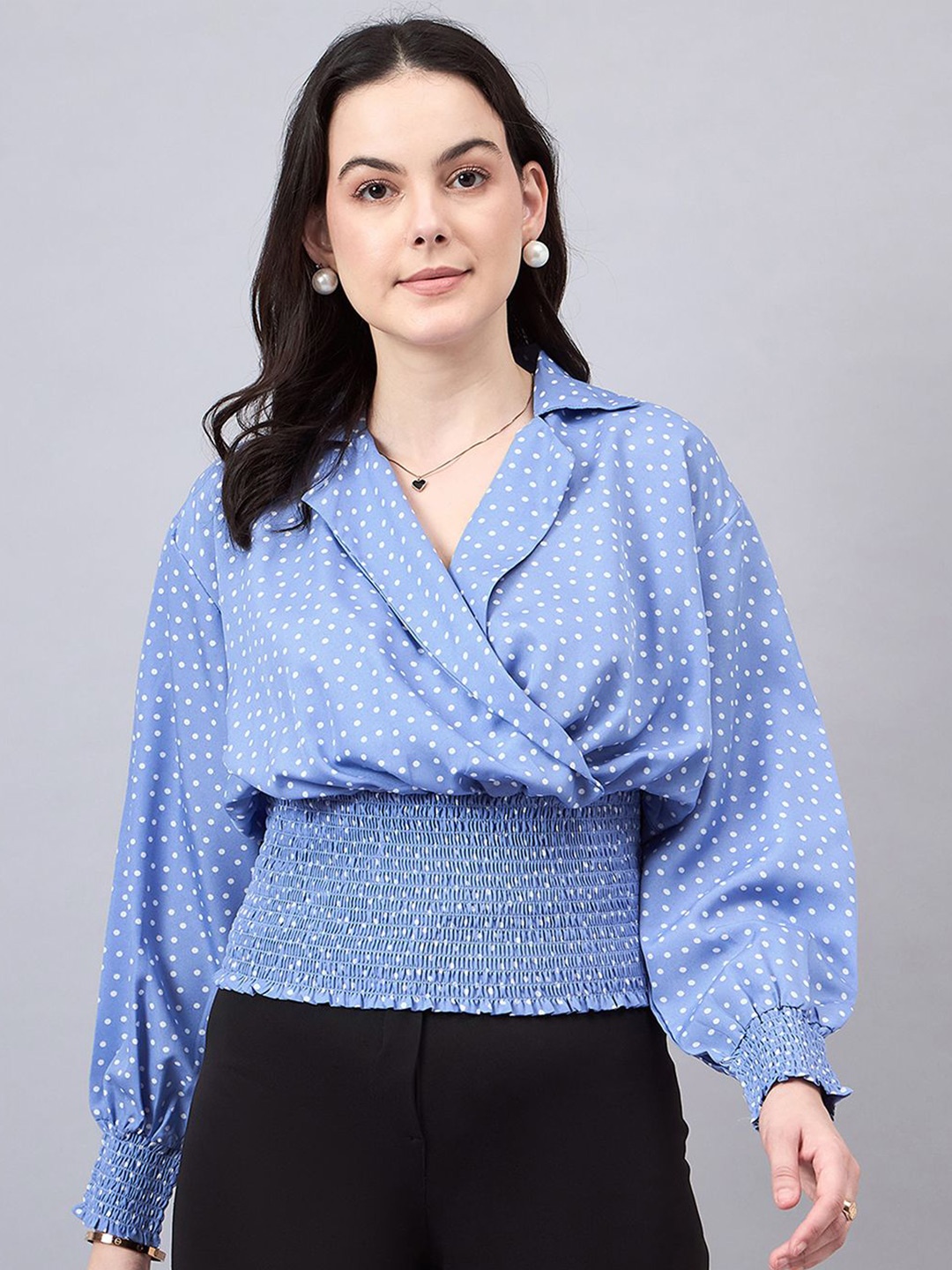 

Style Quotient Women Polka Dots Printed Smocked Lapel Collar Top, Blue