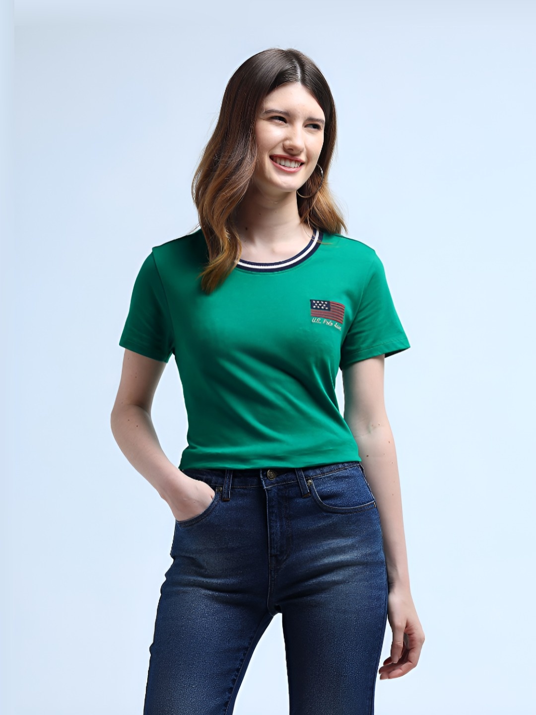 

U.S. Polo Assn. Women Embroidered Round Neck Pure Cotton T-shirt, Green