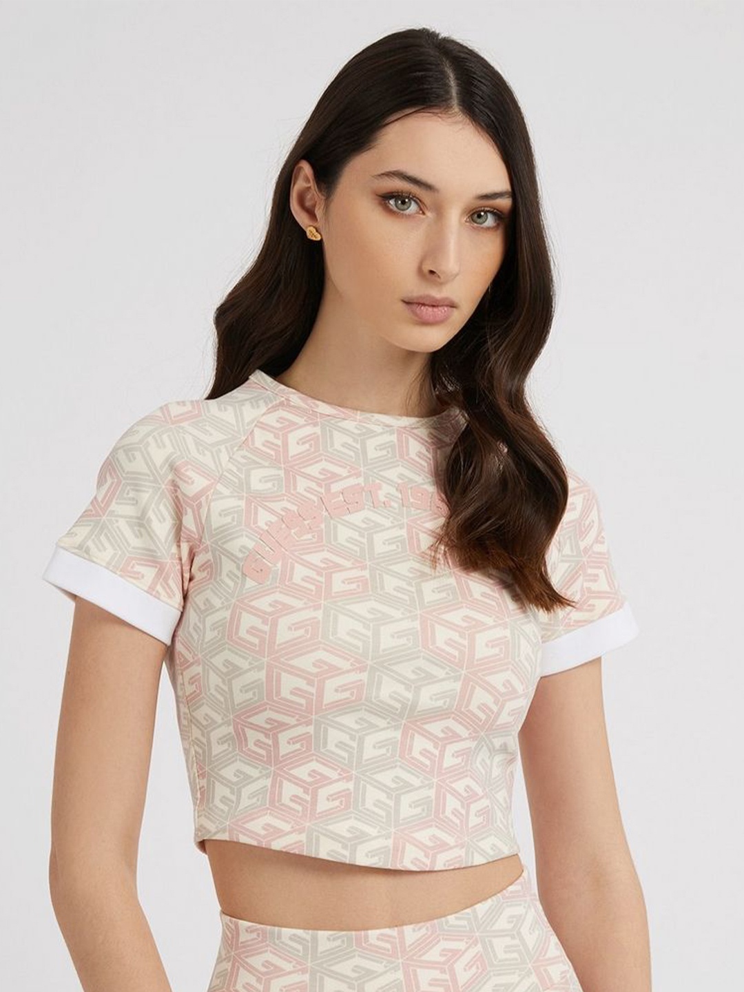 

GUESS Women Abstract Printed Round Neck Cotton Top, Grey