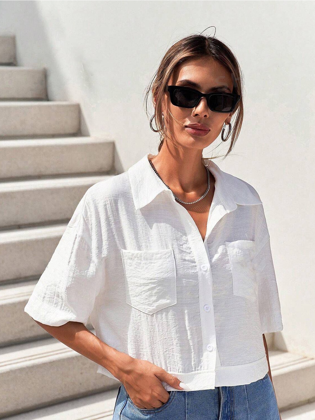 

TAGDO Women Modern Spread Collar Solid Casual Shirt, White