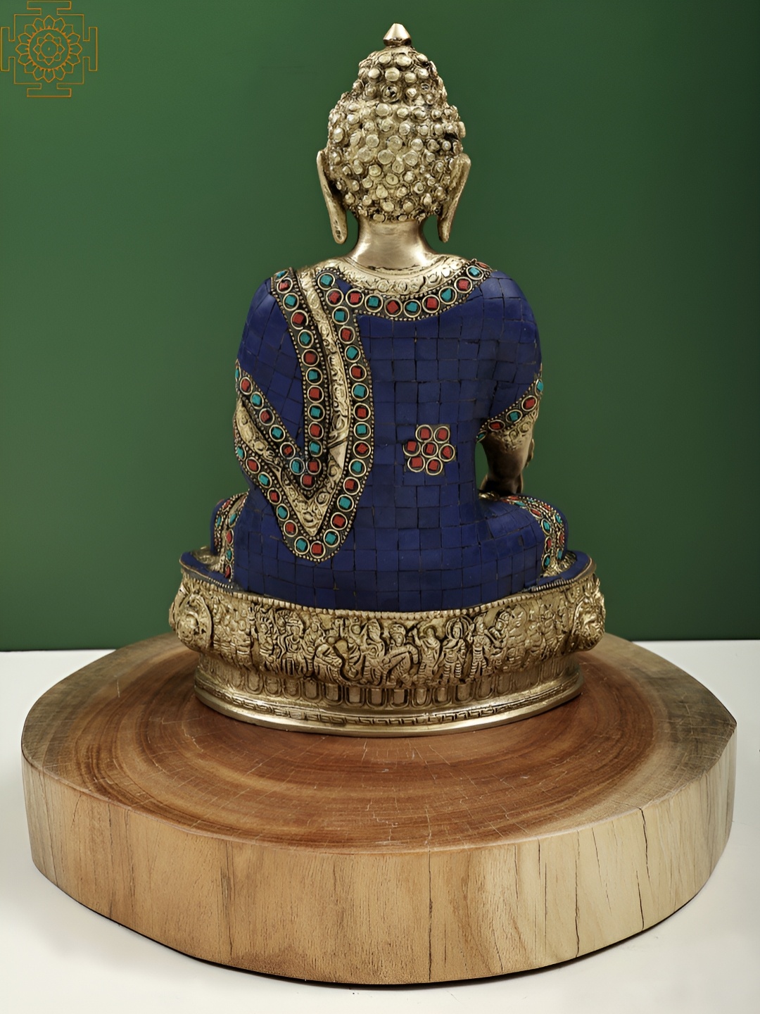 

Exotic India Gold-Toned Medicine Buddha Seated on Wooden Pedestal Idol Showpiece