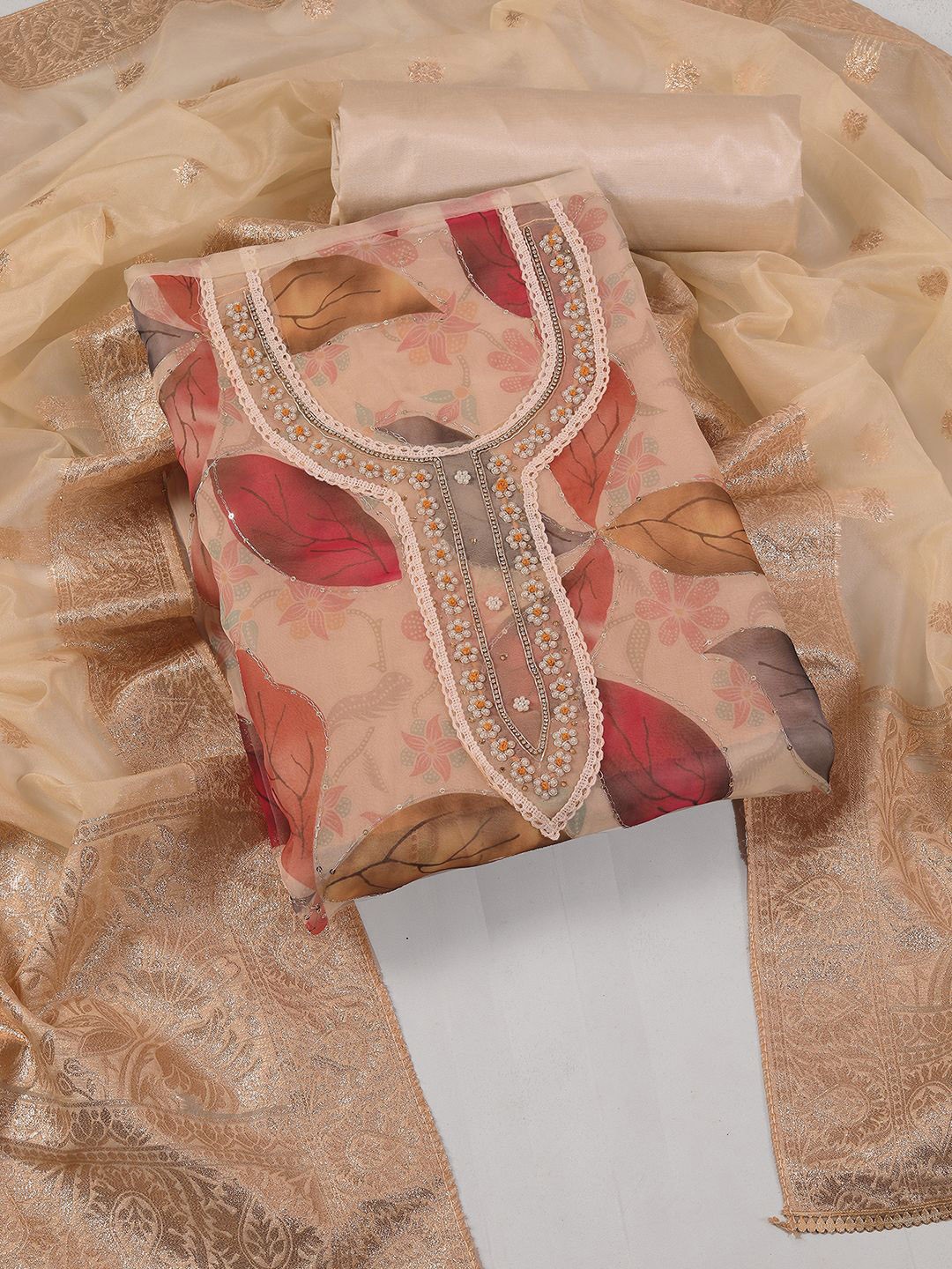 

KALINI Ethnic Motifs Beads and Stones Embroidered Organza Unstitched Dress Material, Cream