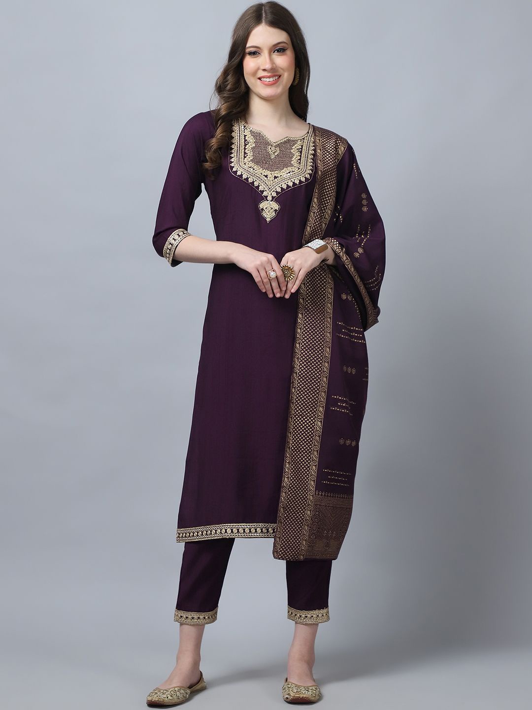 

KALINI Ethnic Motifs Embroidered Pure Silk Kurta with Trousers & Dupatta, Maroon