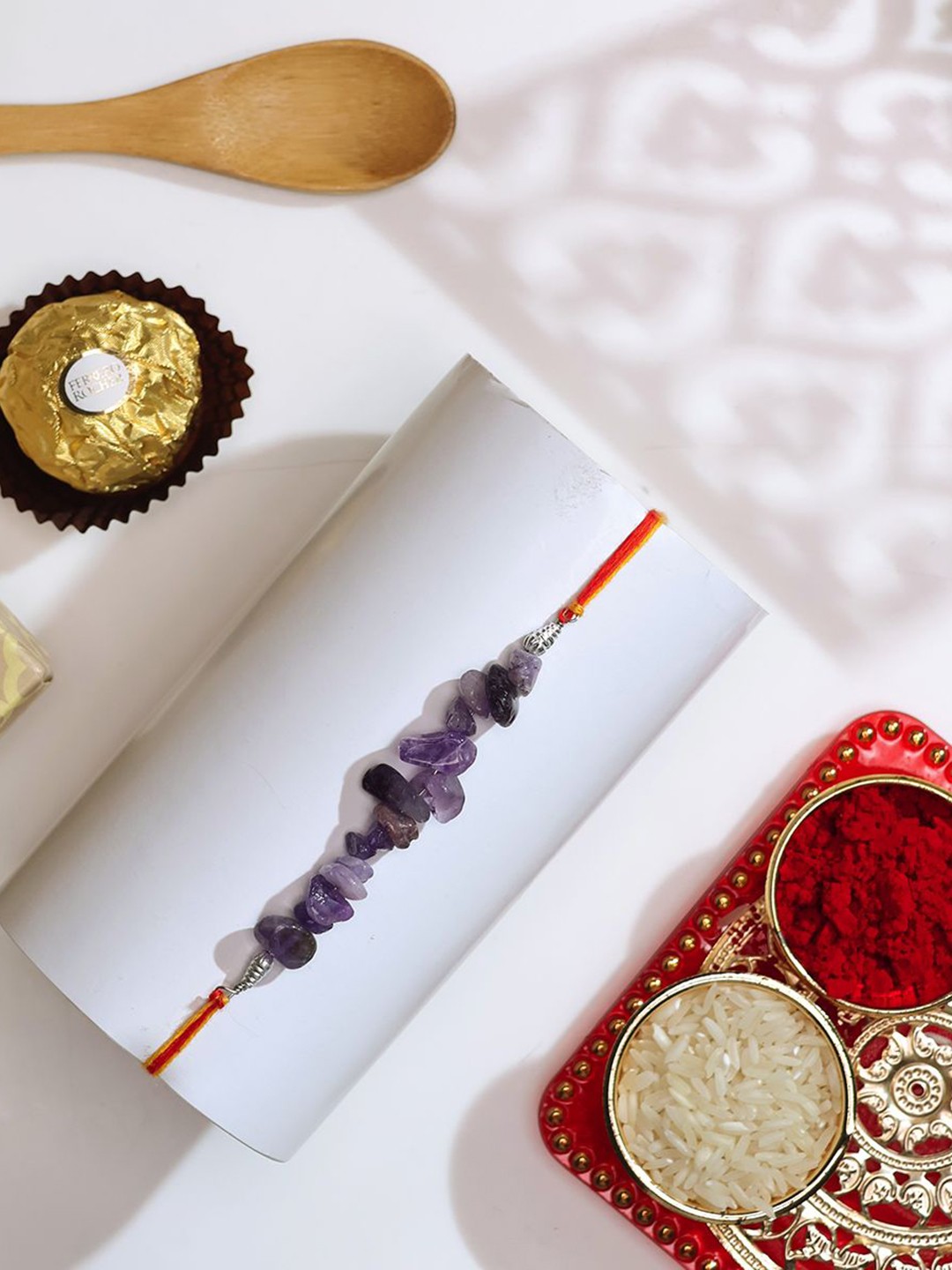 

Shubhanjali Set Of 2 Amethyst Chips Beaded Rakhis With Roli Chawal & Greeting Card, Purple