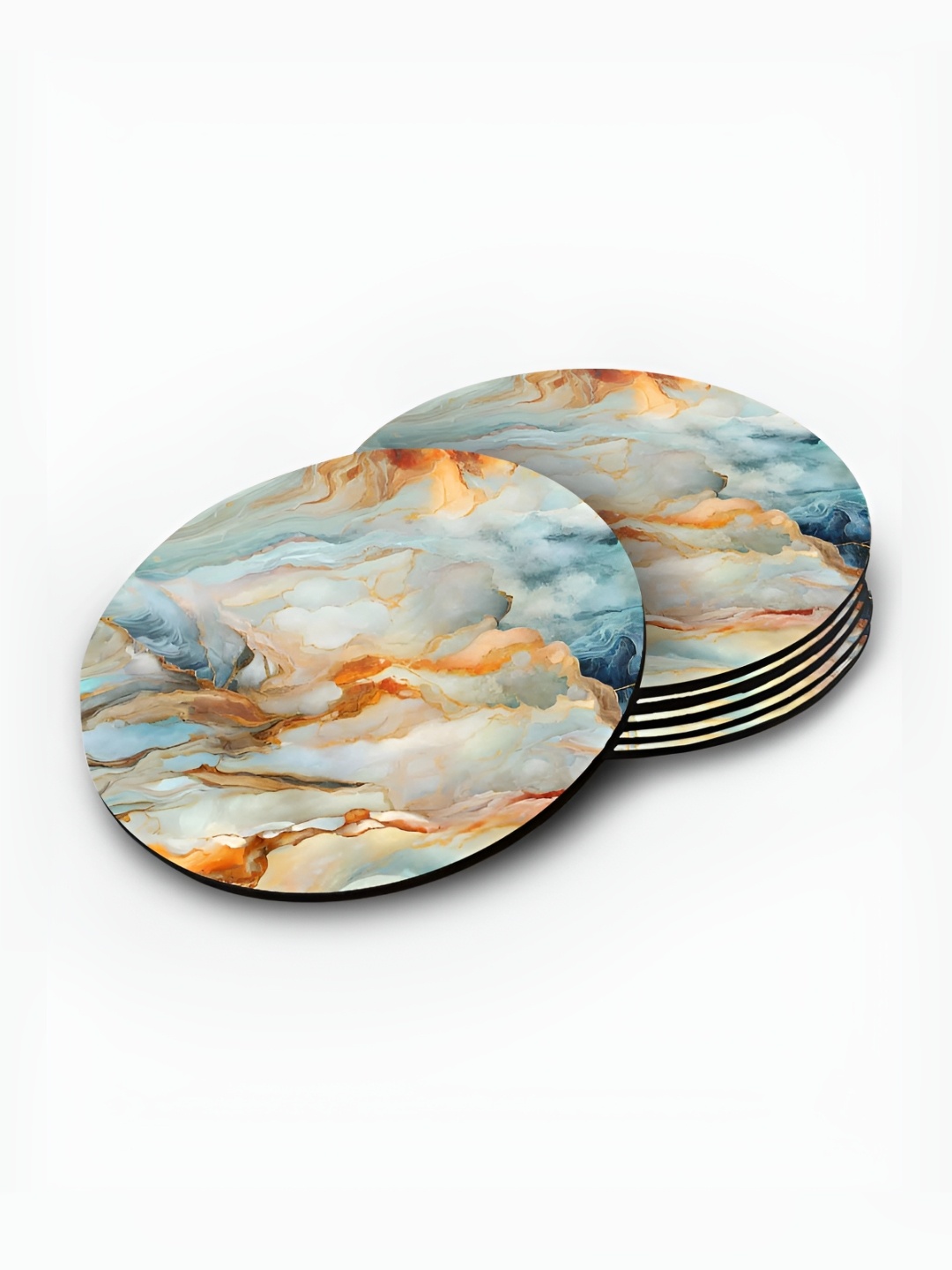 

macmerise Blue & White 6 Pieces Printed Wooden Round Coasters