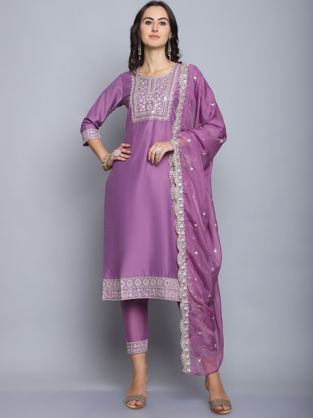 

KALINI Ethnic Motifs Embroidered Pure Silk Kurta with Trousers & Dupatta, Purple