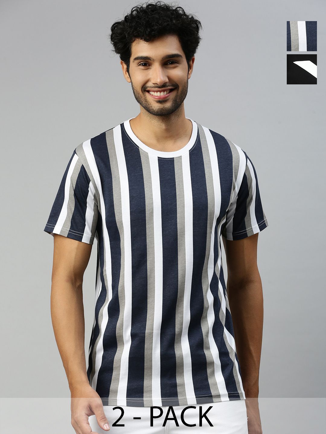 

Ramraj Men Pack Of 2 Striped Round Neck Cotton T-Shirts, Black