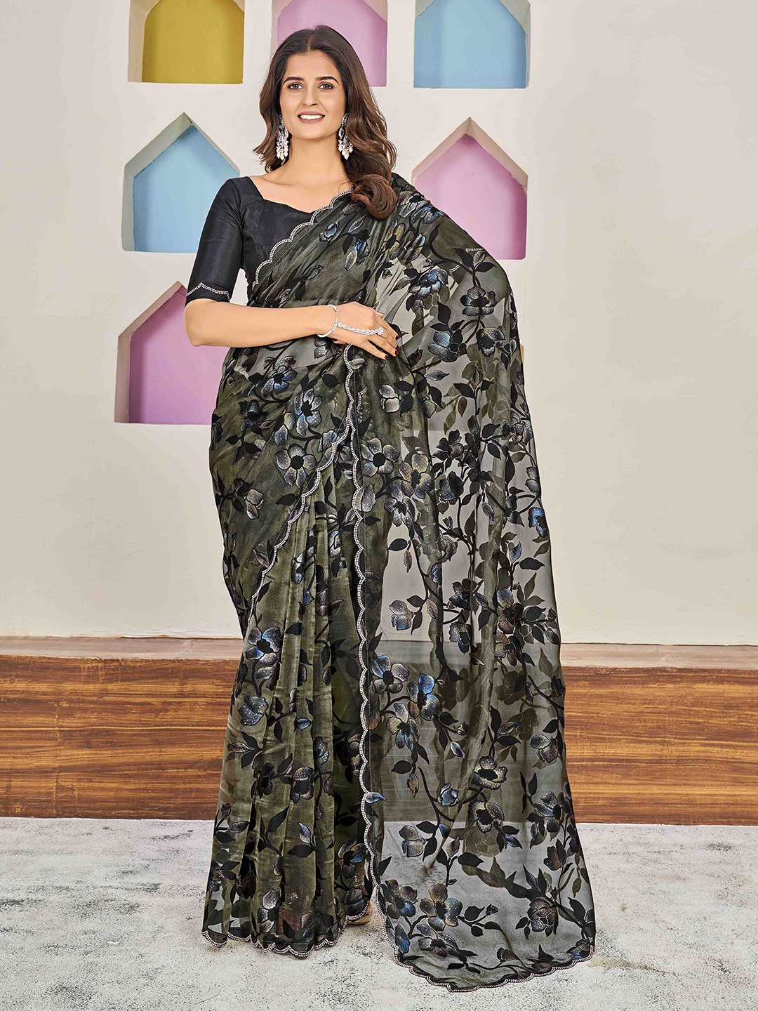 

Ethnielle Floral Beads and Stones Organza Saree, Black