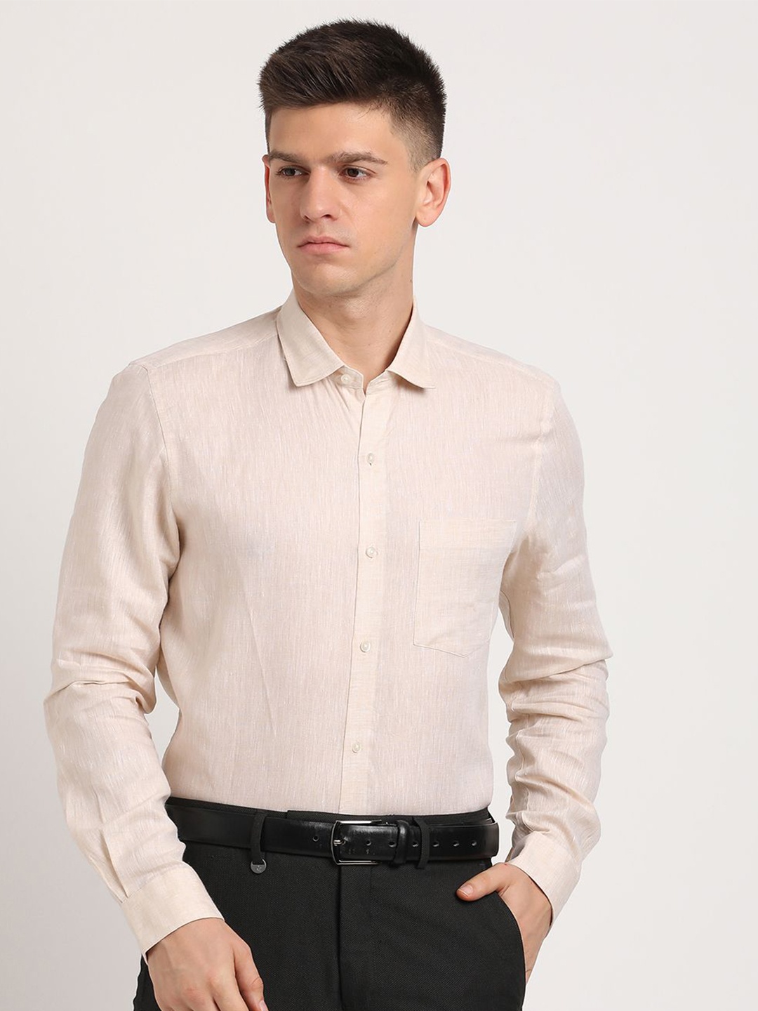 

Turtle Men Standard Solid Cotton Slim Fit Formal Shirt, Beige