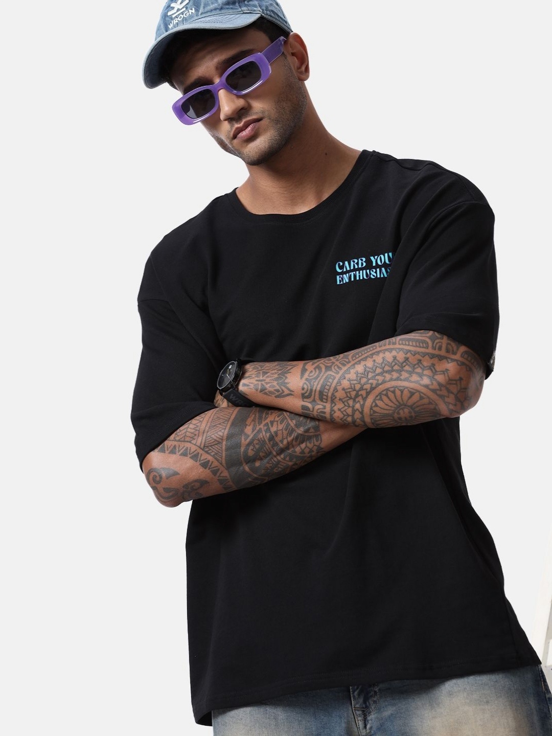 

WROGN Men Graphic Printed Round Neck Cotton Oversized T-shirt, Black