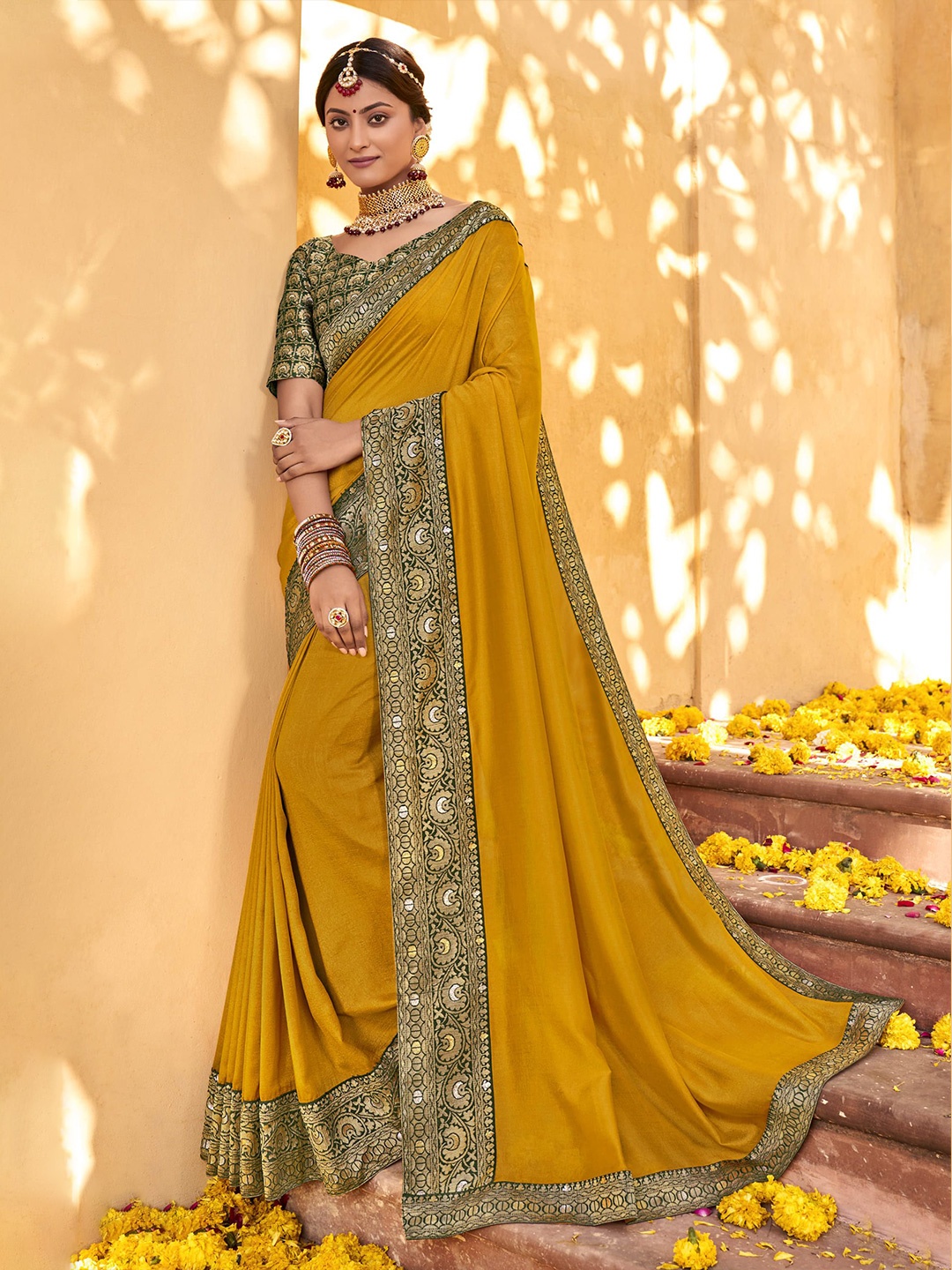 

NIRMAL CREATION Zari Pure Silk Saree, Mustard