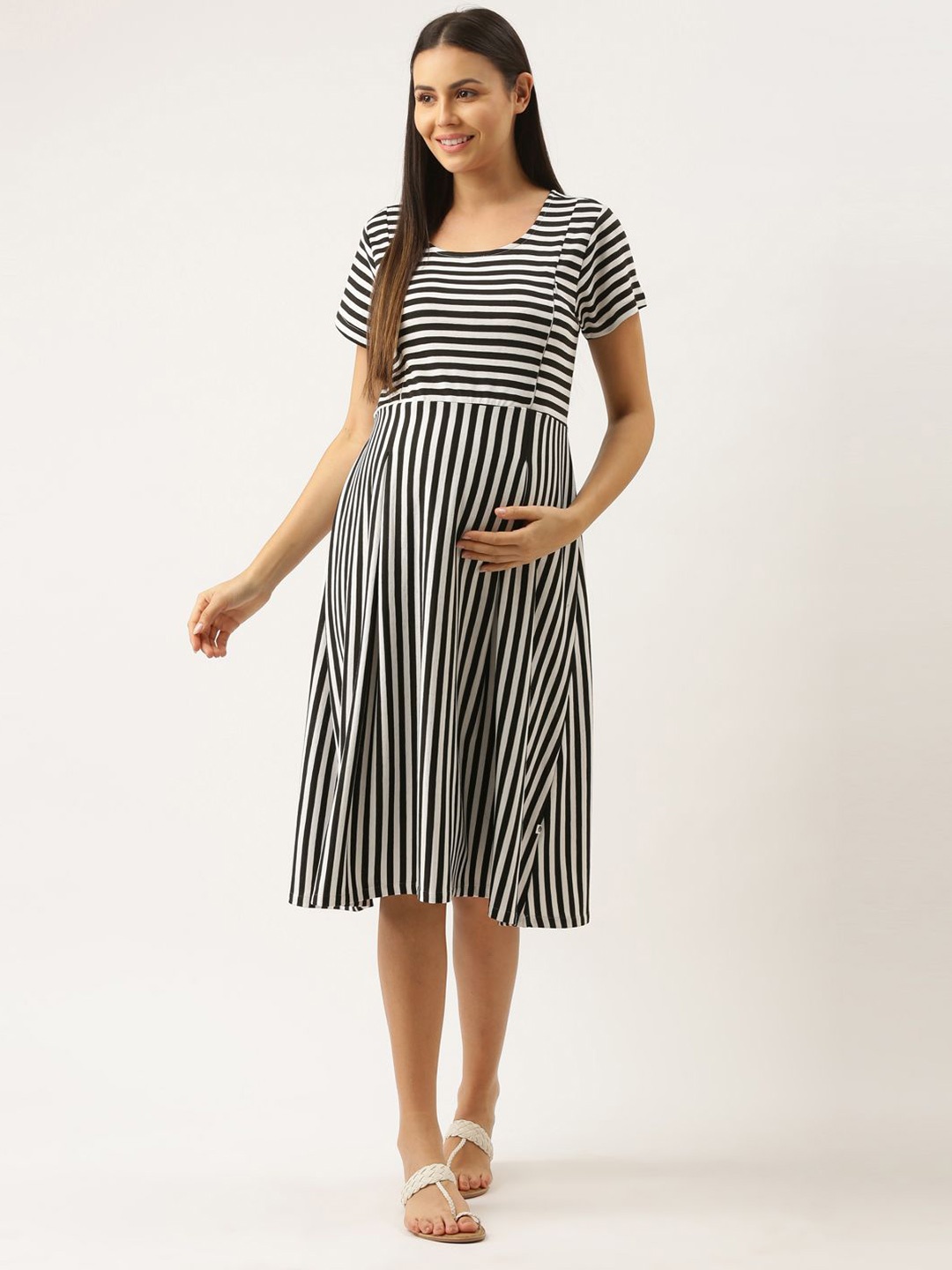 

Bannos Swagger Striped Square Neck Maternity Midi Nightdress, Black