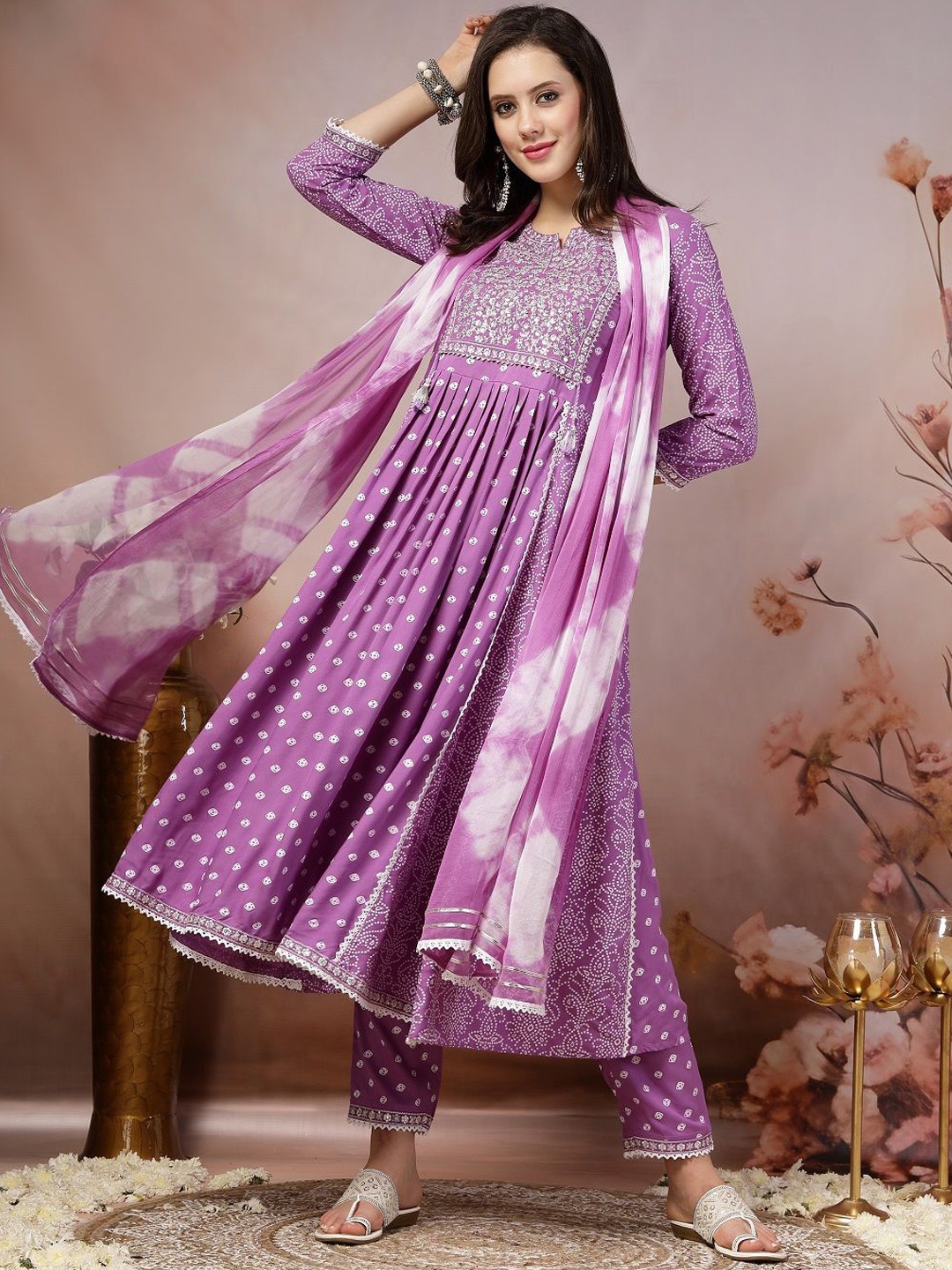 

Stylum Purple & White Bandhani Printed Panelled Anarkali Kurta & Trousers & With Dupatta