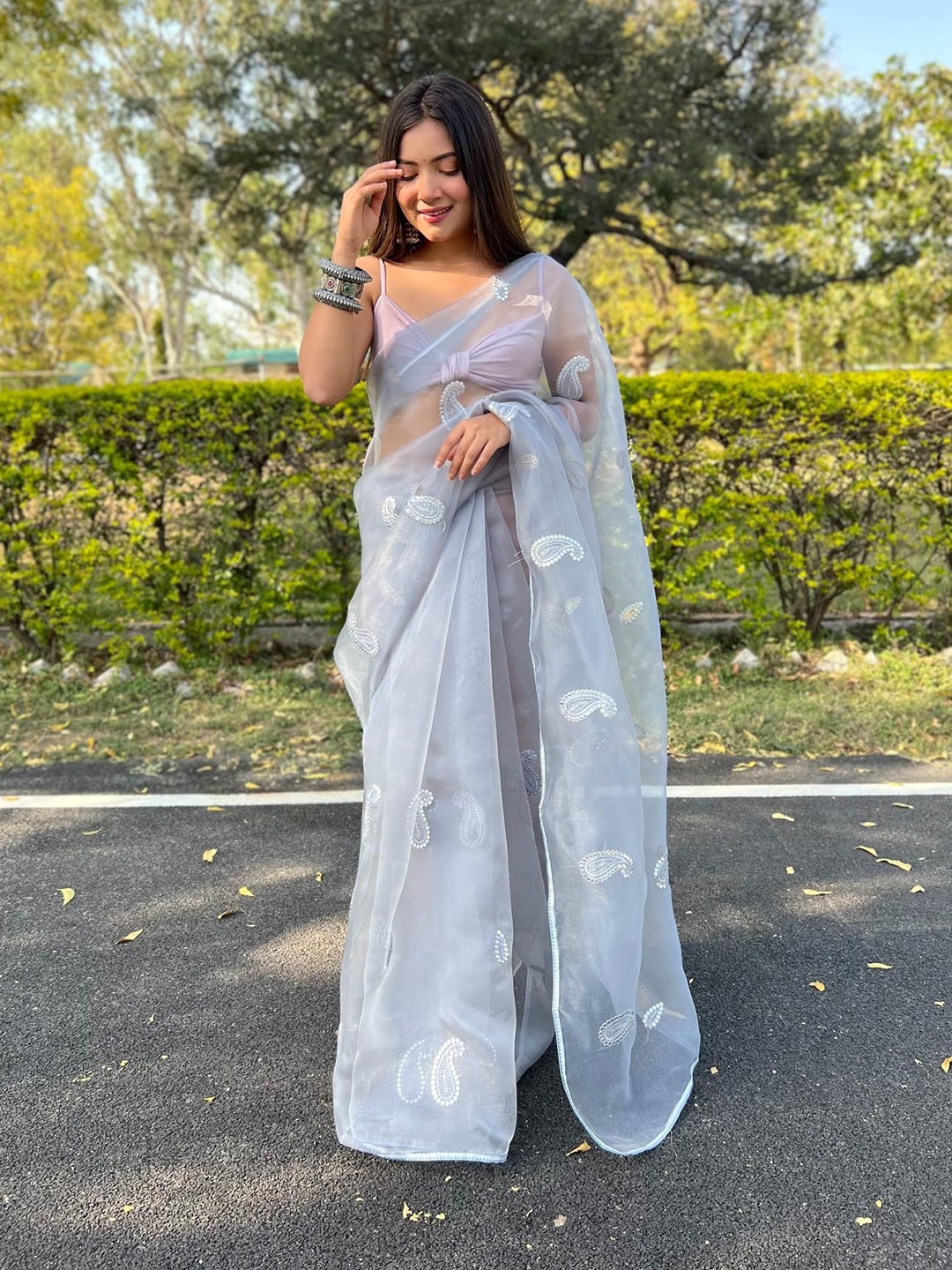 

Kalista Paisley Embroidered Organza Saree, Grey