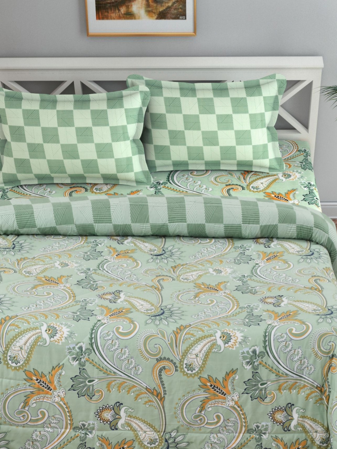 

Florida Green & Mustard Ethnic Motifs Cotton 4 Pieces Double King Regular Bedding Set
