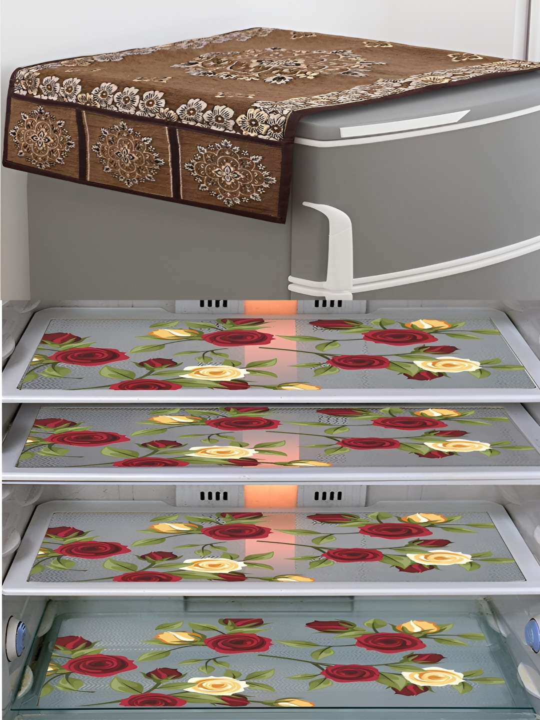 

LooMantha Brown & Yellow 5 Pieces Printed Fridge Cover With Side Storage & Fridge Mat