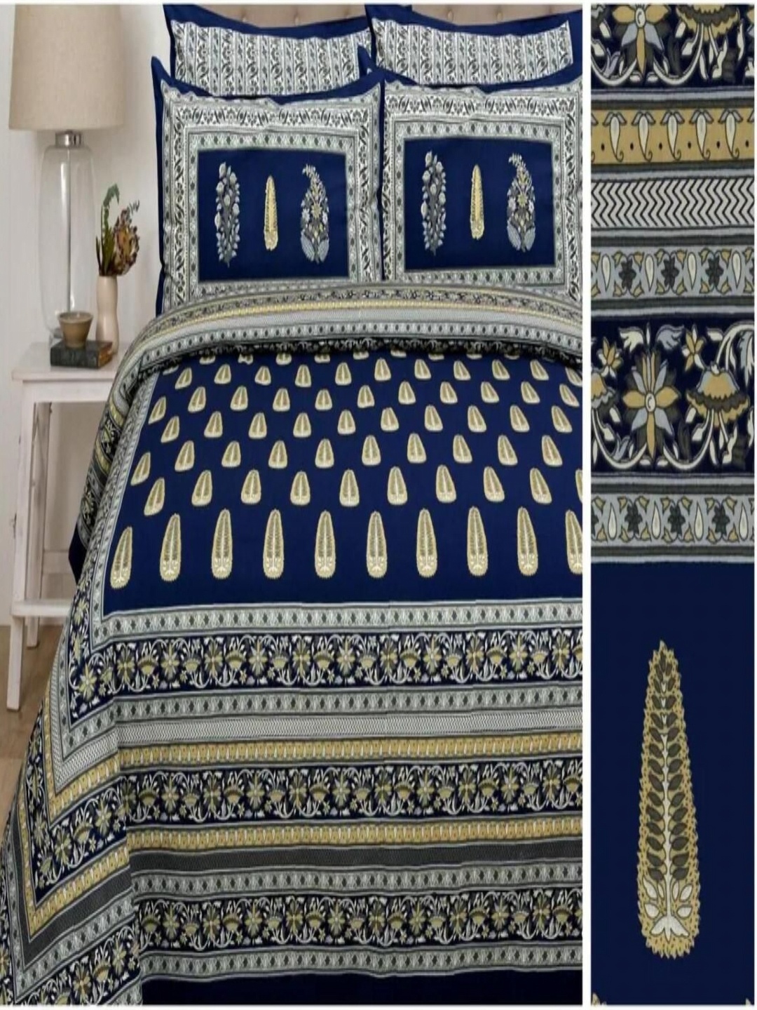 

Bedbathandbliss Navy Blue Floral 300 TC King Bedsheet with 2 Pillow Covers