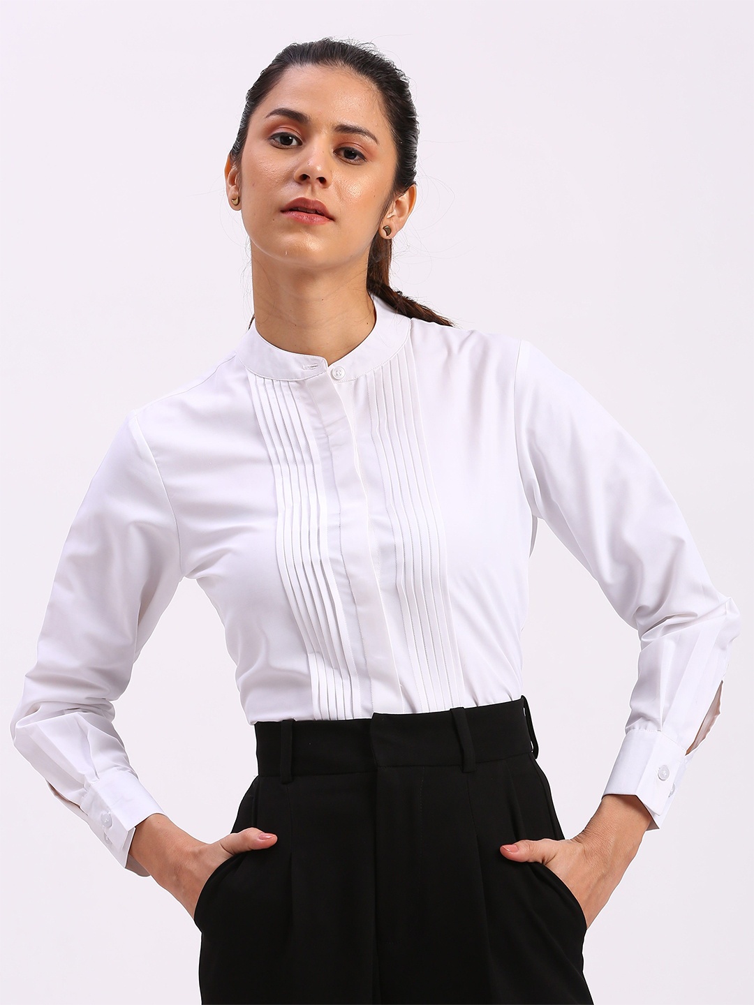 

FITHUB Women Premium Mandarin Collar Solid Formal Shirt, White