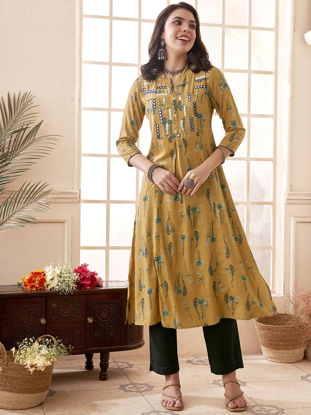 

Anouk Floral Printed Mirror Work A-Line Kurta, Yellow
