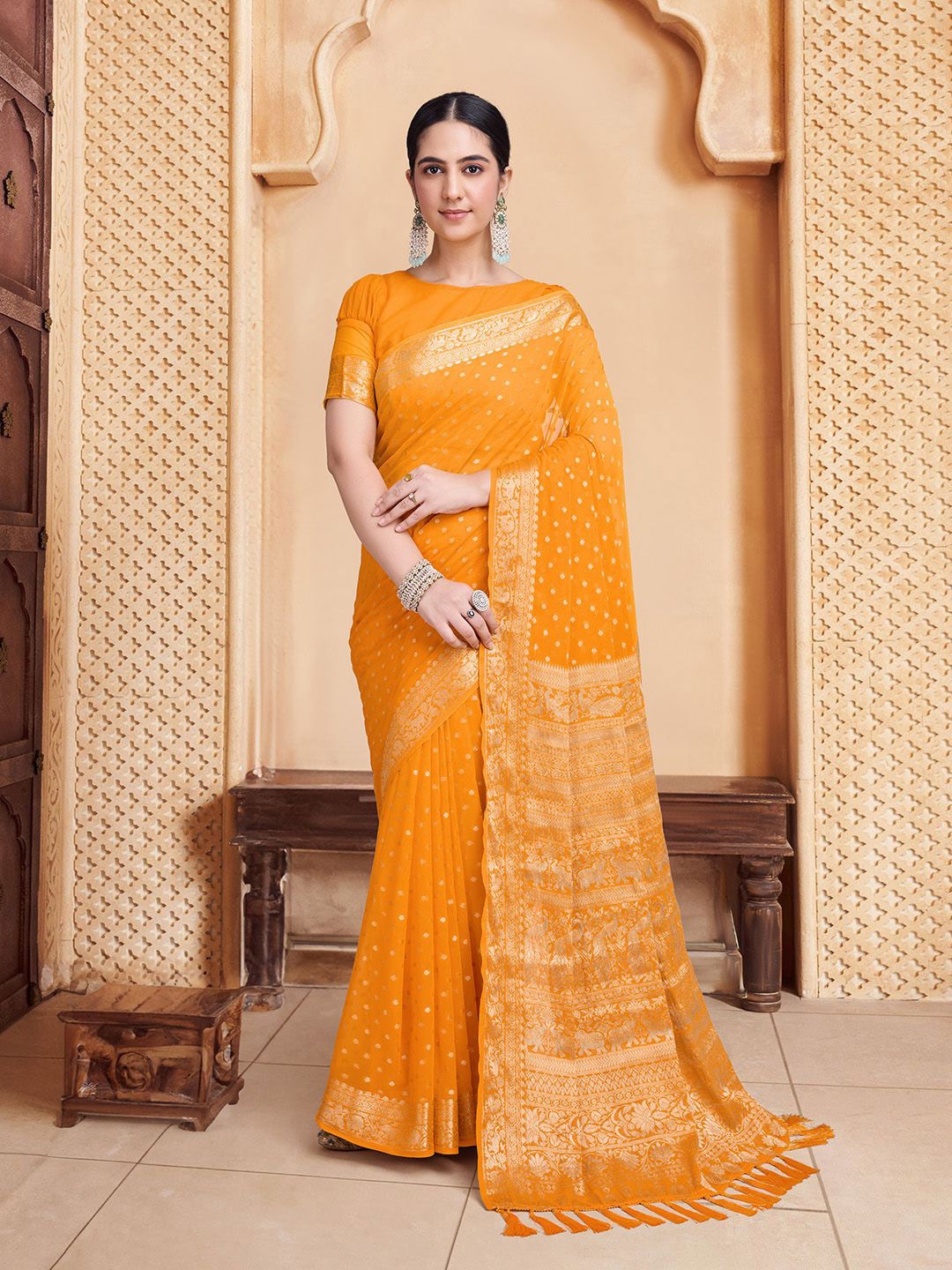 

House of Pataudi Woven Design Zari Pure Georgette Banarasi Saree, Yellow