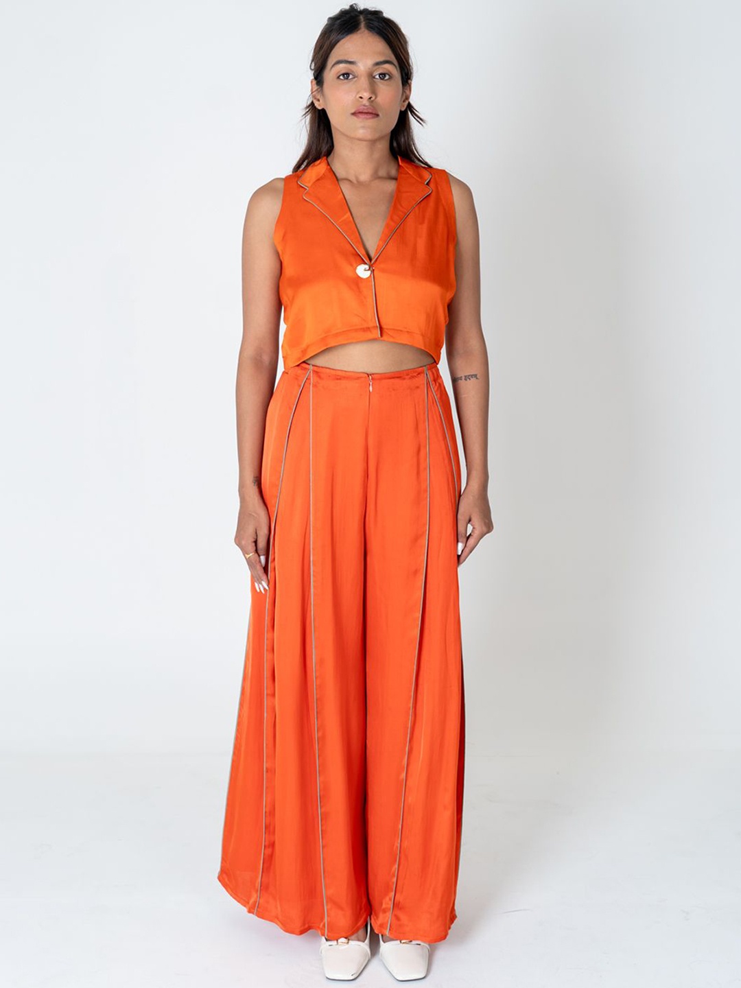 

Neora Sleeveless Crop Waistcoat With Trousers, Orange