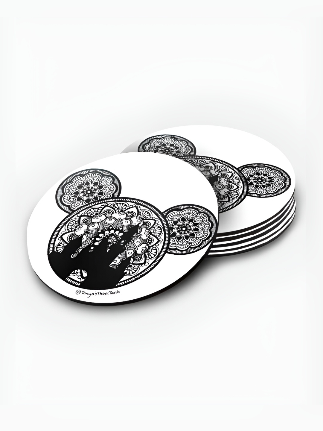 

macmerise Black & White 6 Pieces Printed Wooden Round Coasters