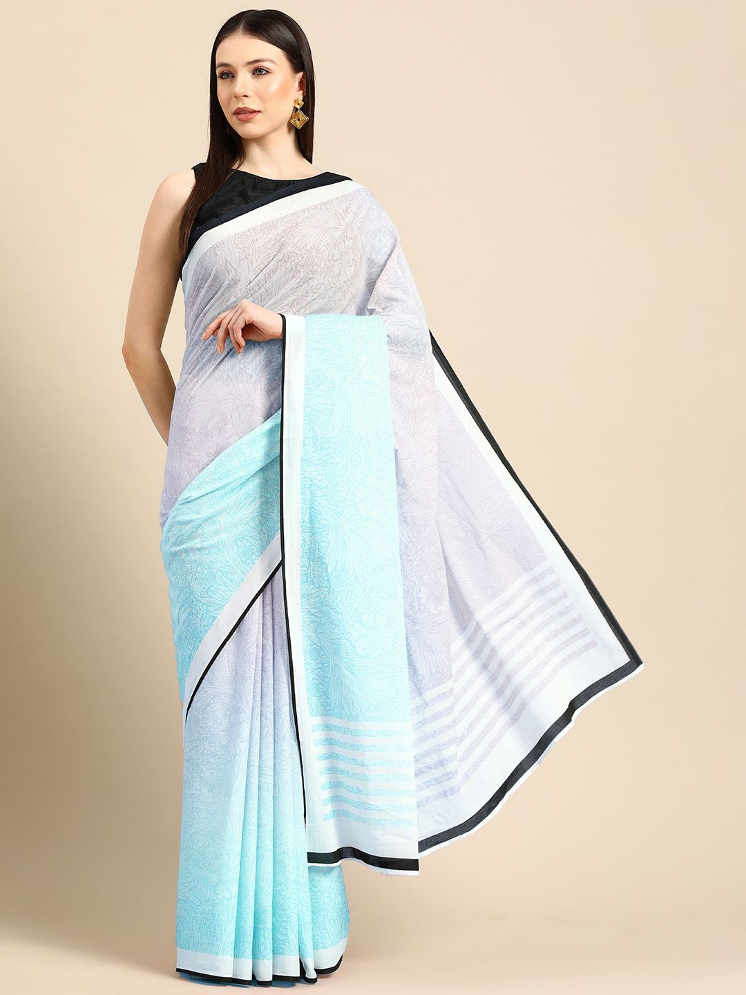 

BUTA BUTI Floral Printed Pure Cotton Saree, Blue