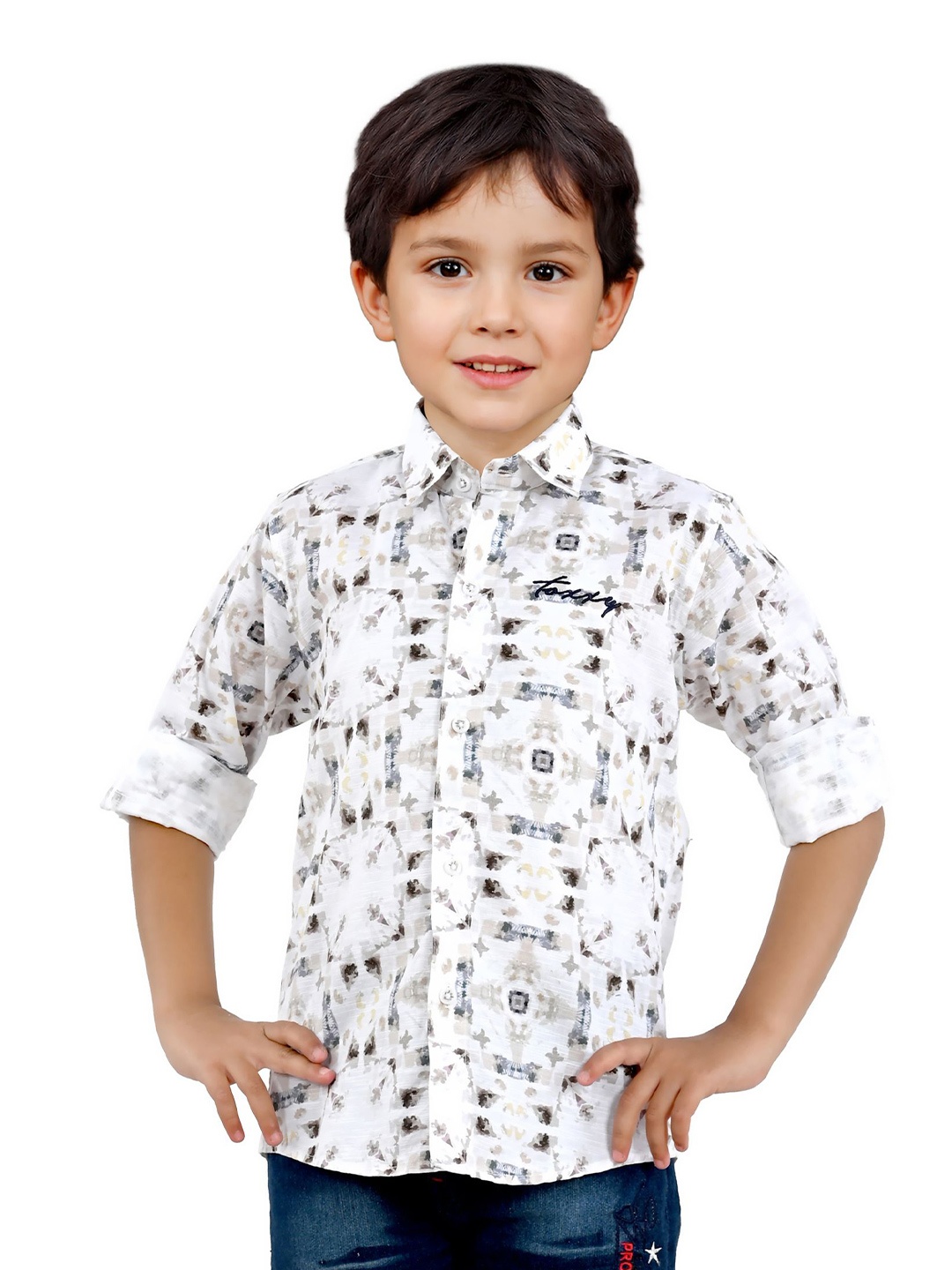 

BAESD Boys Spread Collar Abstract Printed Cotton Casual Shirt, White