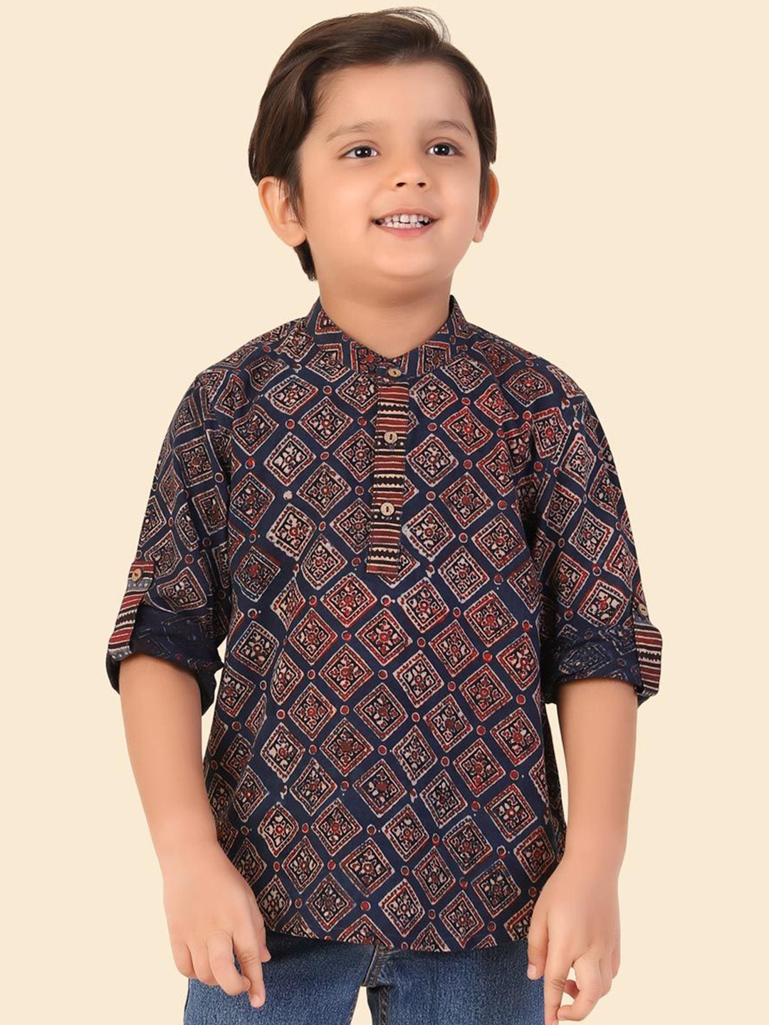 

Fabindia Boys Ethnic Motifs Printed Cotton Straight Kurta, Blue