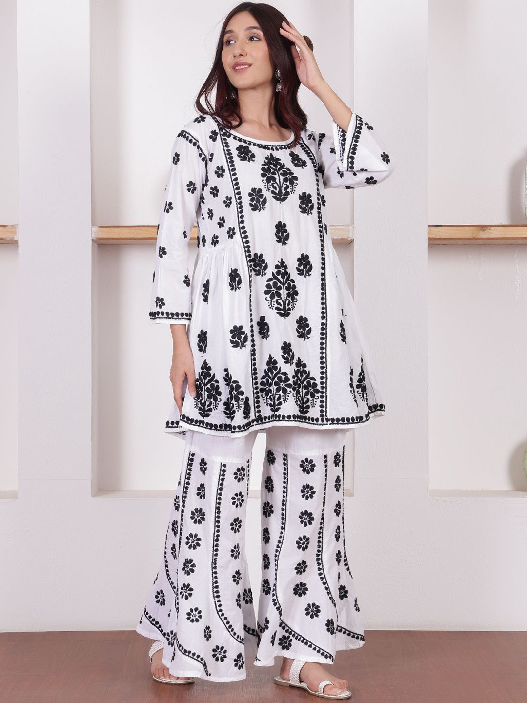 

Chowkhat Ethnic Motifs Embroidered Thread Work Pure Cotton A-Line Kurta With Palazzos, White