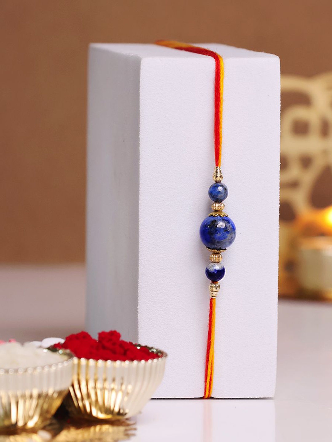 

Shubhanjali Lapis Lazuli Beaded Thread Rakhi With Roli Chawal & Greeting Card, Blue