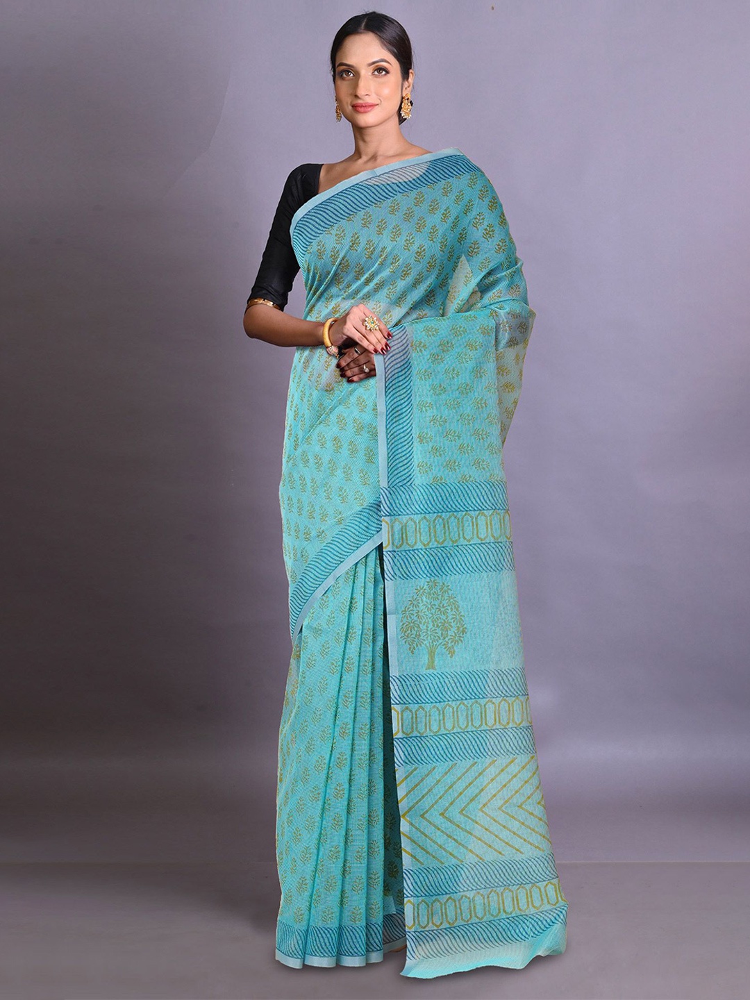 

Unnati Silks Printed Ethnic Motifs Handloom Block Print Saree, Blue