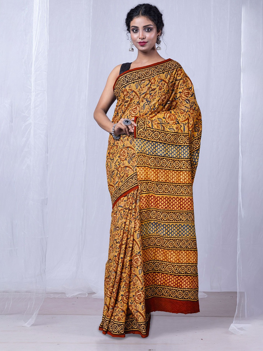 

Unnati Silks Ethnic Motifs Pure Cotton Handloom Bagru Saree, Brown