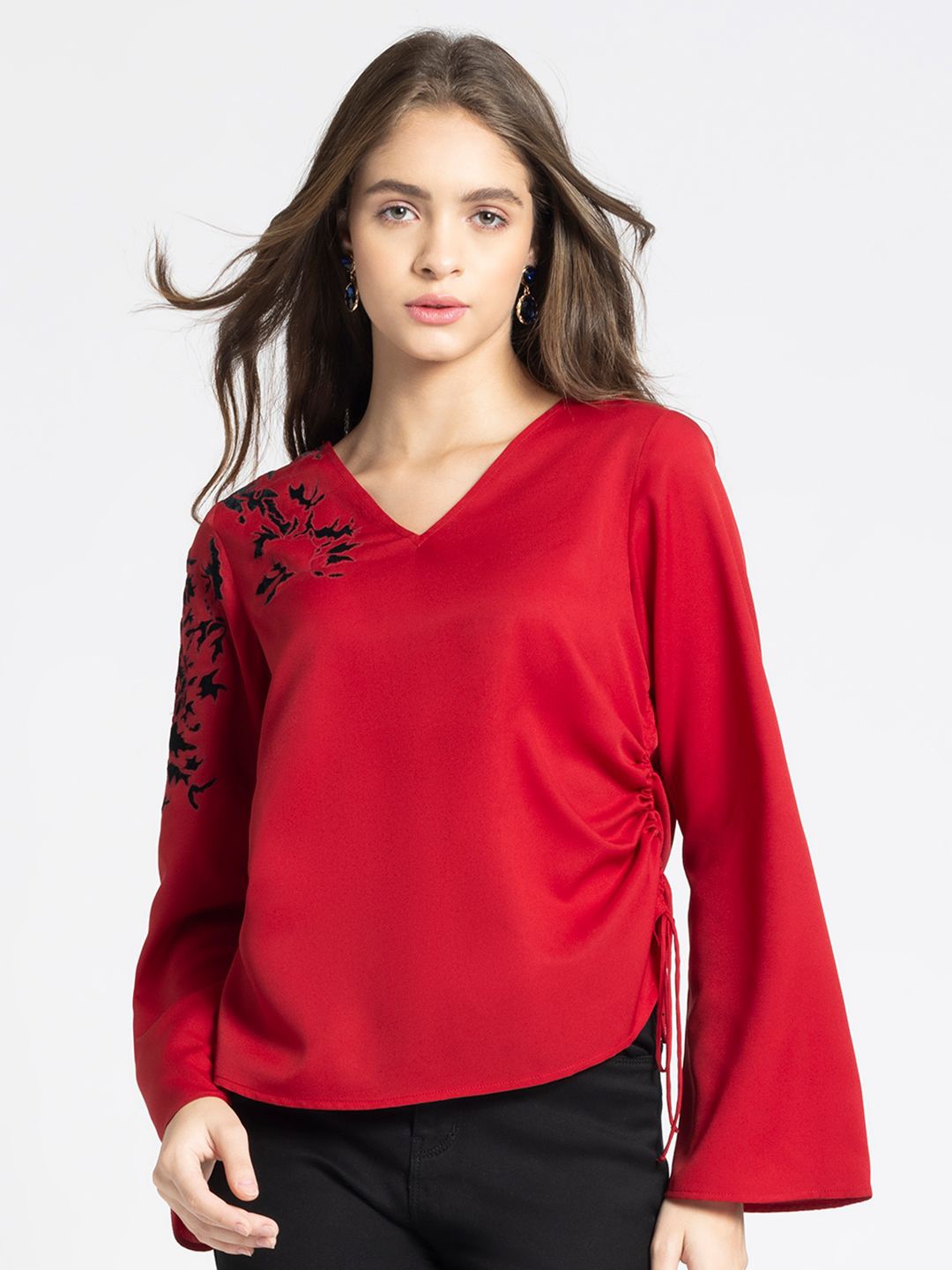 

SHAYE Bell Sleeve V-Neck Embroidered Party Top, Red