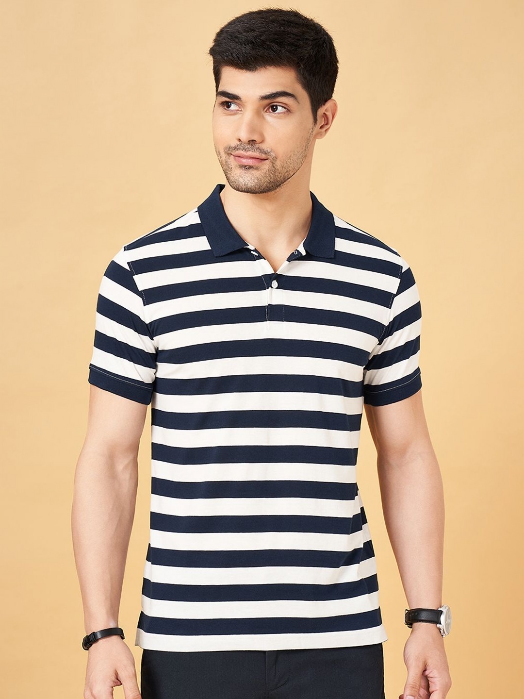 

BYFORD by Pantaloons Men Striped Nautical Polo Collar Cotton Slim Fit T-Shirt, Navy blue