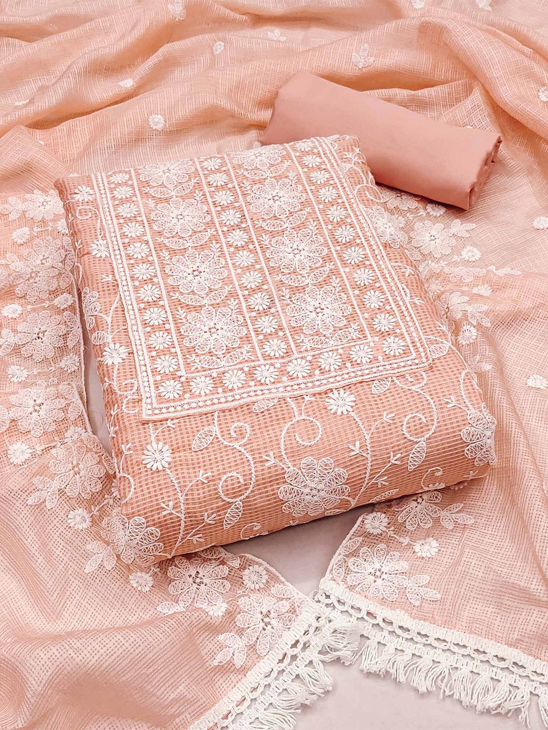

Peachmode Floral Embroidered Unstitched Dress Material, Peach
