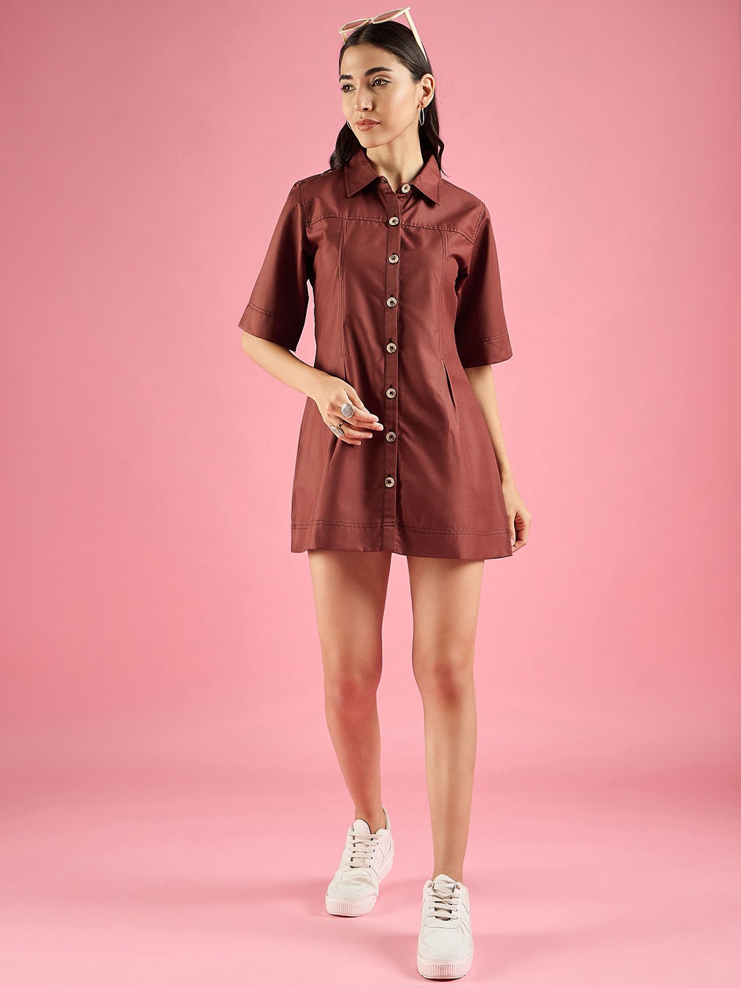 

DressBerry Shirt Collar Short Sleeves Mini Shirt Dress, Brown