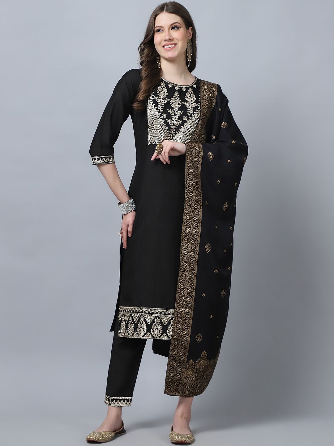 

KALINI Ethnic Motifs Yoke Design Pure Silk Straight Kurta with Trousers & Dupatta, Black