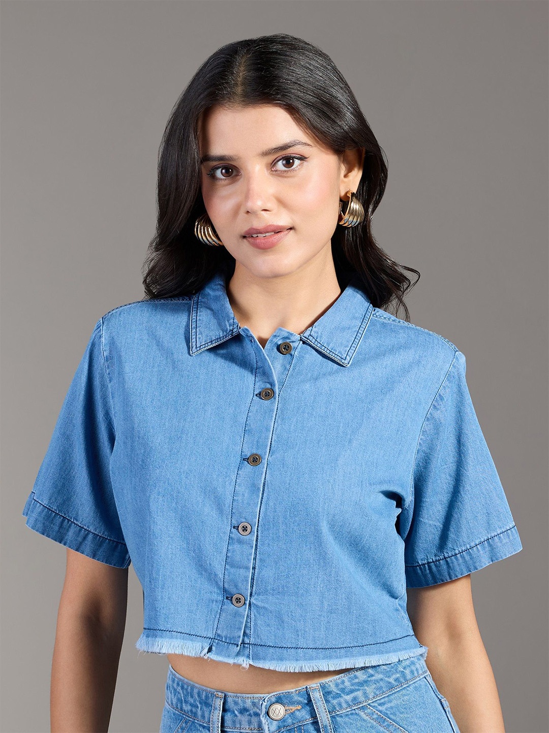 

20Dresses Women Spread Collar Solid Denim Boxy Casual Shirt, Blue