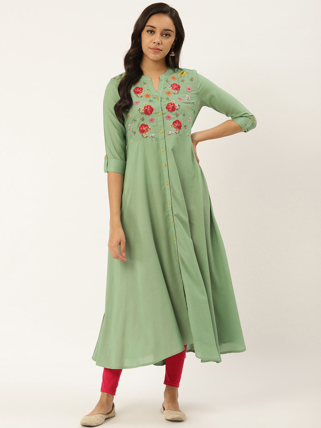 

Anouk Floral Embroidered Band Collar Pure Cotton Anarkali Kurta, Green