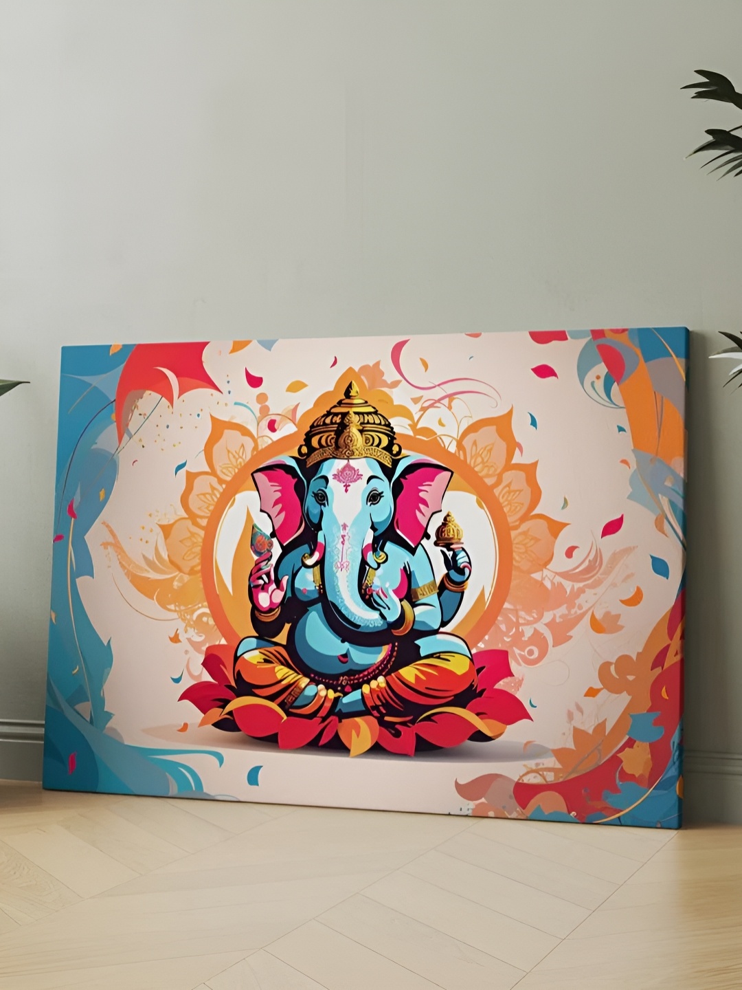 

CLAWCRAFTS Blue & Orange Lord Ganesha Religious Wooden Wall Art