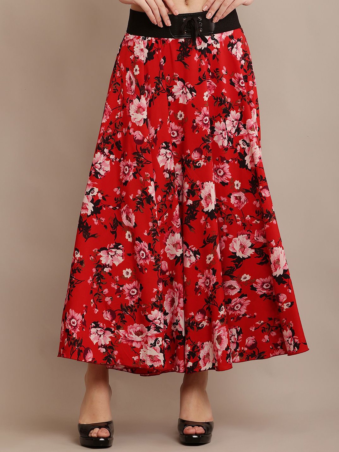 

Raabta Fashion Floral Printed Pure Cotton Flared Midi Skirt, Red